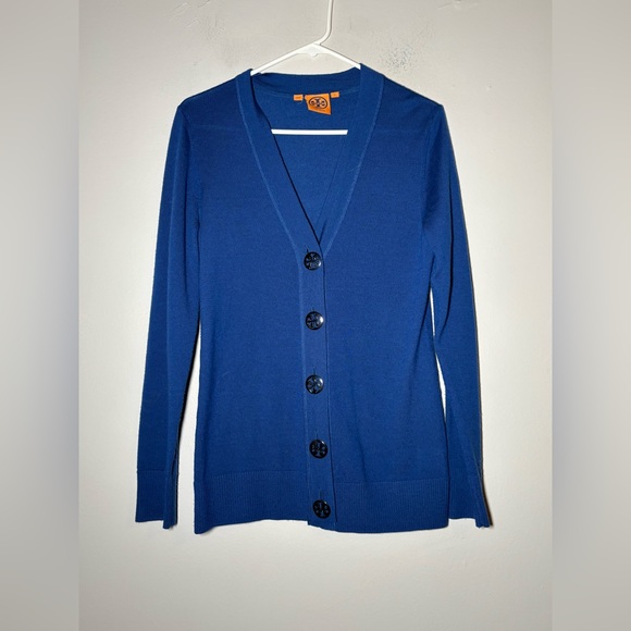Tory Burch Simone cardigan 100% merino wool navy blue gold buttons - size small - Picture 1 of 5